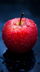 Macro analysis of red apple with surface condensation on dark plane
