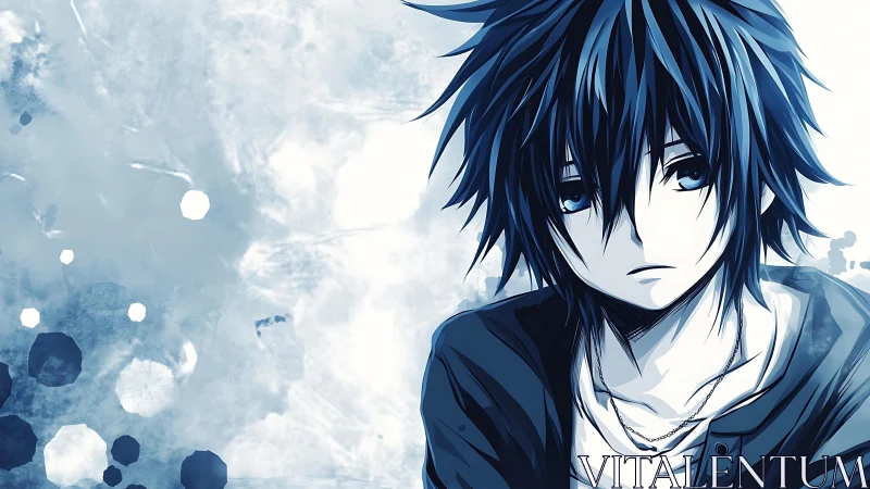 Melancholic blue haired anime boy with abstract icy bokeh