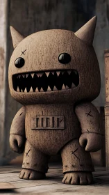 Procedurally textured wooden monster toy with stylized carved teeth