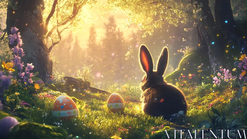 Easter rabbit sits in glowing forest meadow at sunrise.