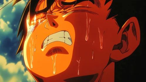 Crying anime hero glows under harsh golden sunset light.