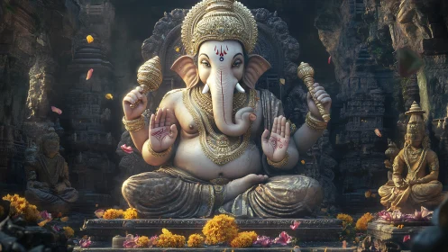 Majestic Ganesha idol in luminous cavern shrine setting.