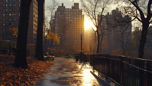 Sunlit city park path glows through late autumn trees at dusk.