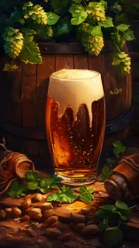 Pint of amber beer stands before wooden barrel and fresh hops