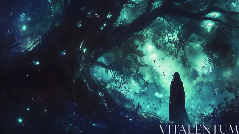 Cloaked wanderer under bioluminescent ancestral canopy.