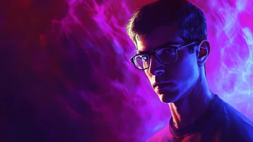 Neon rim-lit male portrait with high contrast dual color lighting