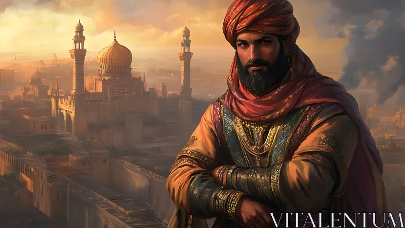 Regal desert ruler surveys sunlit golden domed cityscape