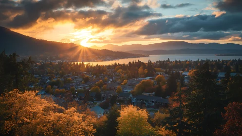 Sunset over lakeside town with autumn foliage and hills.