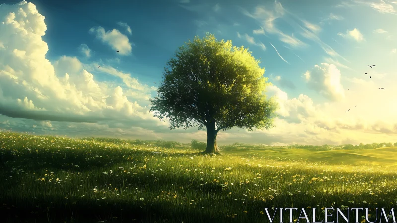 Solitary deciduous tree centered in expansive sunlit meadow.