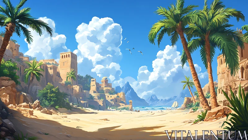 Coastal desert settlement with palm trees and distant sea.