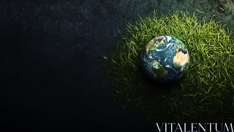 Gentle planet cradled in grass on a quiet dark ground.