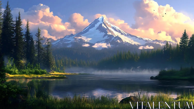 Sunlit alpine peak crowns a misty evergreen lakescape.