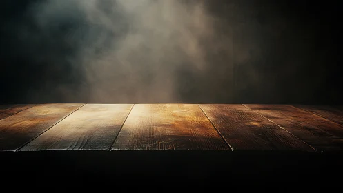 Low-key illuminated timber tabletop within volumetric haze.