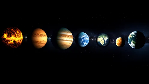 Digital planetary lineup with solar system alignment rendering.
