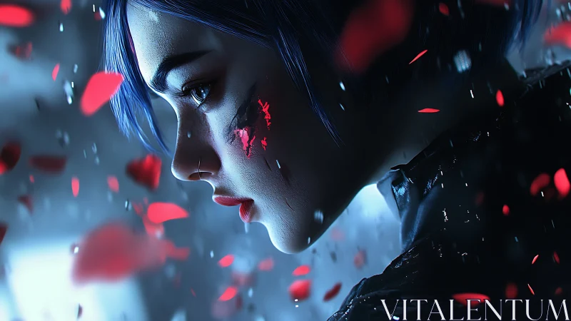 Blue haired woman in profile surrounded by drifting petals