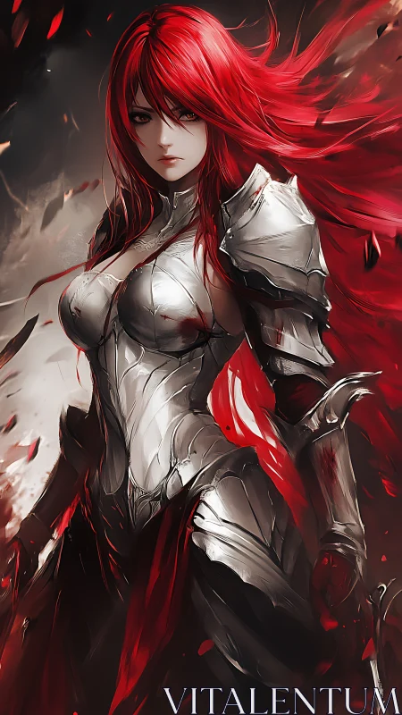 Crimson-haired armored warrior amid dynamic particulate vortex.