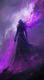 Hooded void knight in violet ether storm, spectral blade.