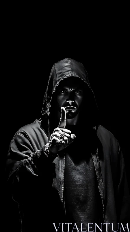 Hooded male figure in low key lighting with raised finger.