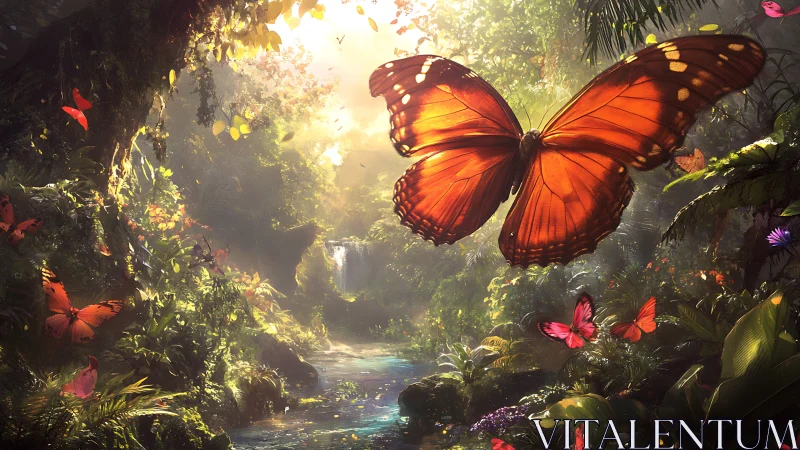 Giant orange butterfly glides above lush sunlit jungle stream