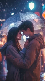 Young couple sheltering under luminous umbrella in rainy nighttime cityscape.