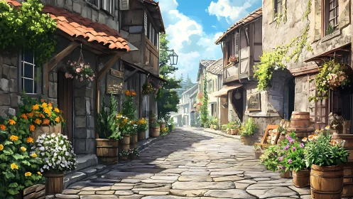 Stone village street with flowers and rustic houses.
