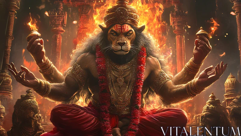 Fiery lion‑headed deity enthroned amid blazing temple pillars.