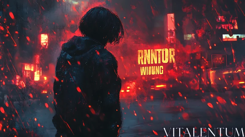 Backlit lone figure in neon-saturated cyberpunk rainfield.