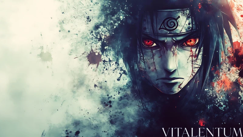 Anime character portrait with red eyes and splatter effects.