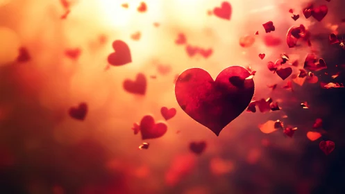 Red hearts cascade through golden gradient backdrop.