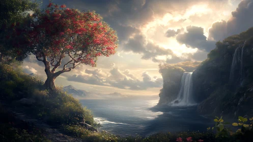 Twilight blossom tree guarding a luminous cliffside waterfall.