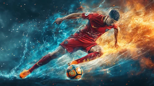 Fiery soccer player charges through swirling elemental energy.