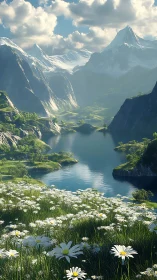 Alpine lake valley glows beneath snowcapped peaks at sunrise.