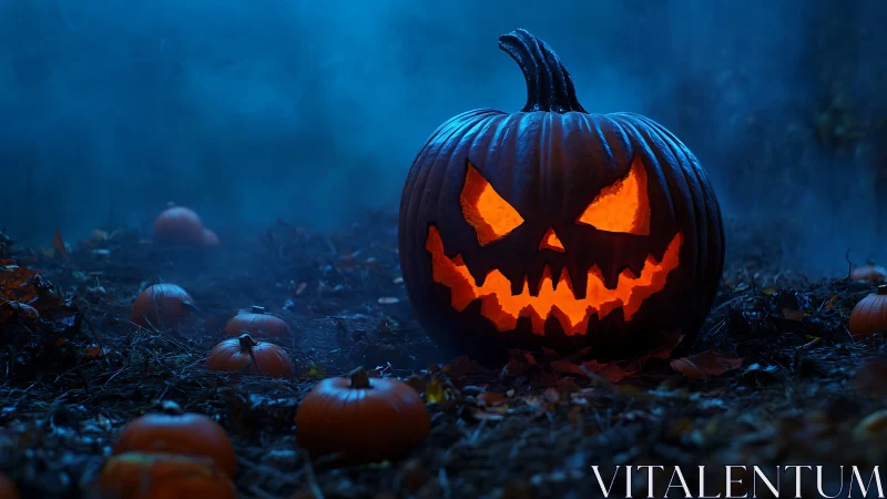 Midnight jack o lantern grins through swirling Halloween fog