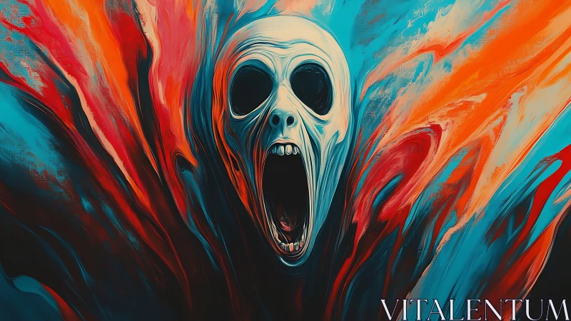 Electric howl of color around a haunting open-mouthed skull.