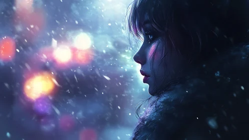 Profile portrait of woman in snowy night city light