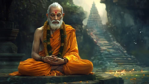 Serene orange-robed sage meditating before misty stone temple.