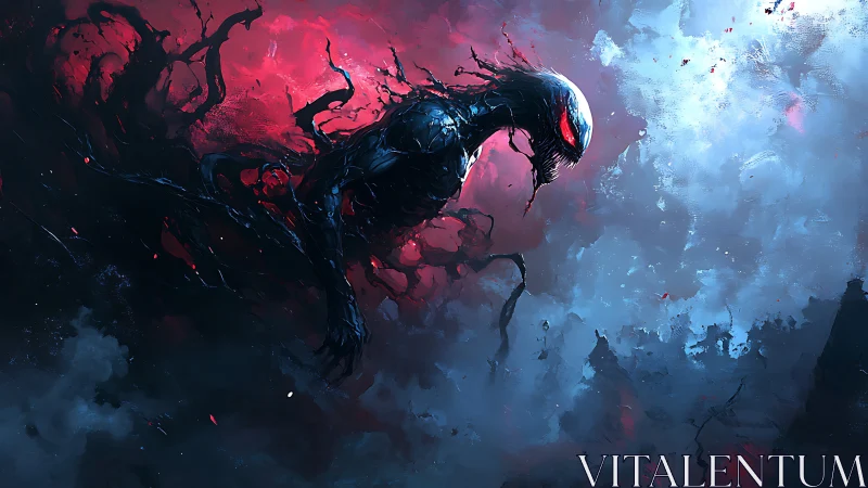 Alien shadow creature emerges through violent red mist