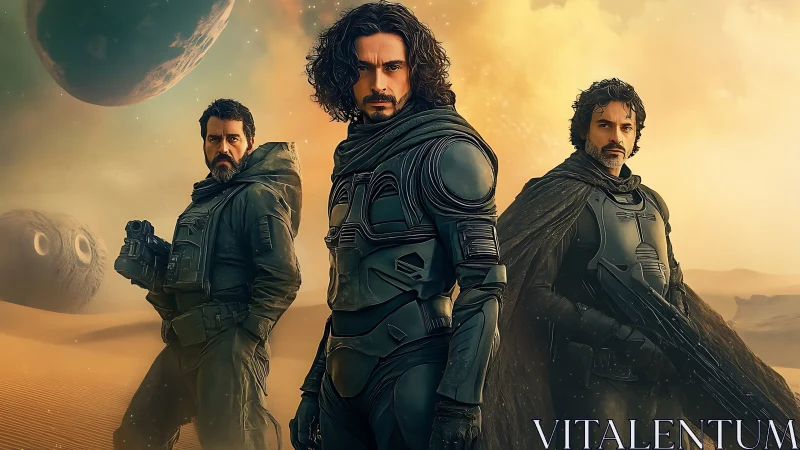 Desert warriors stand armored beneath twin alien worlds.