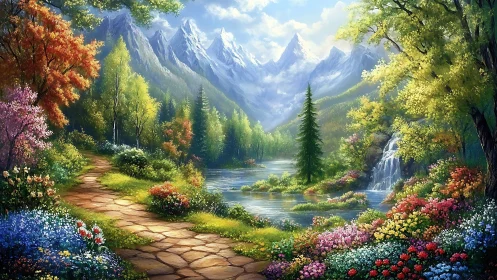 Sunlit mountain garden path beside a peaceful waterfall.