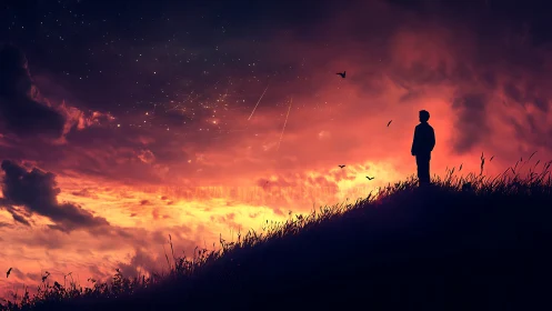 Silhouetted observer evaluates luminous sunset sky with meteor trails