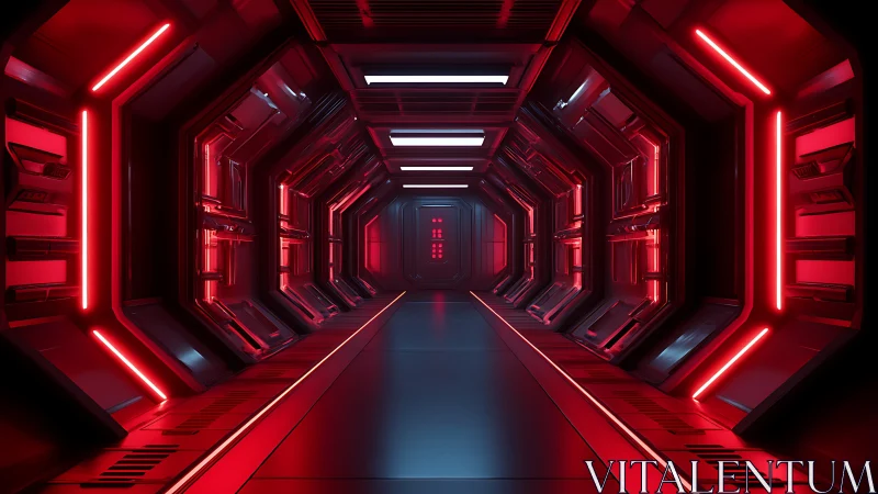 Red illuminated sci-fi corridor extends toward a central door