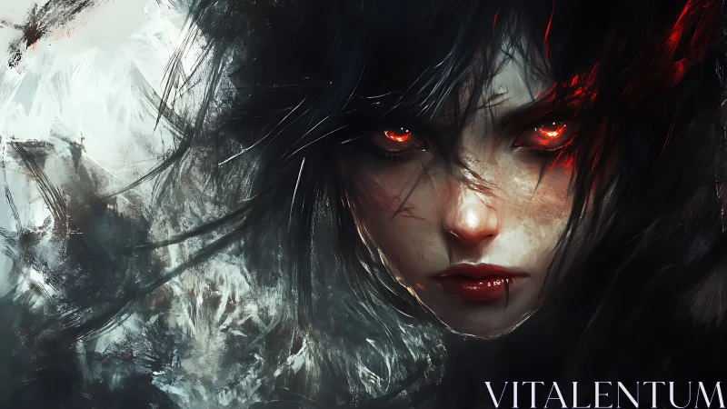 Digital portrait of red-eyed figure with dark hair focus.