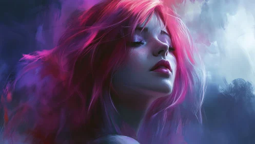 Digital portrait of woman with pink hair in soft lighting.