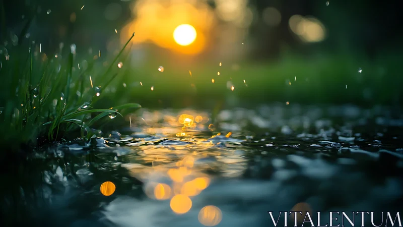 Raindrops hitting shallow water at sunset in soft focus.