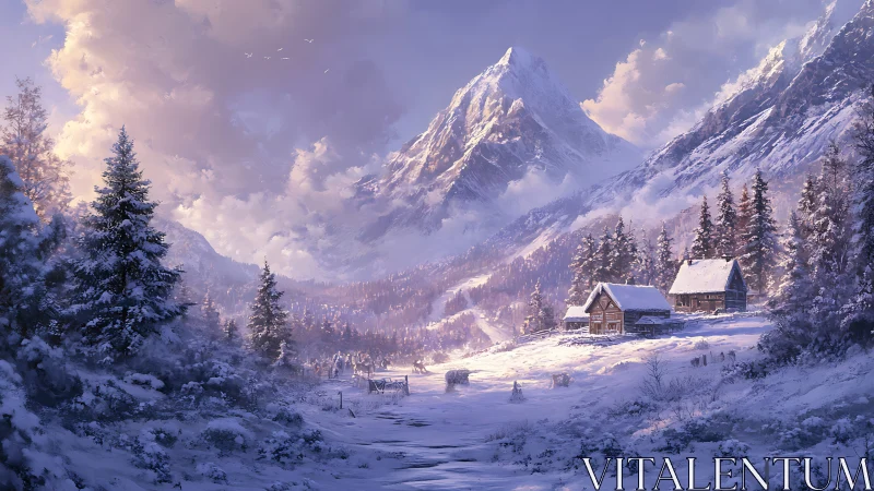 Soft winter sunrise brushes a quiet mountain cabin valley