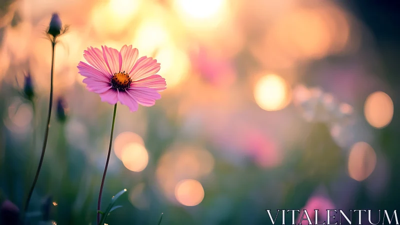 Single pink cosmos flower stands against blurred sunset bokeh