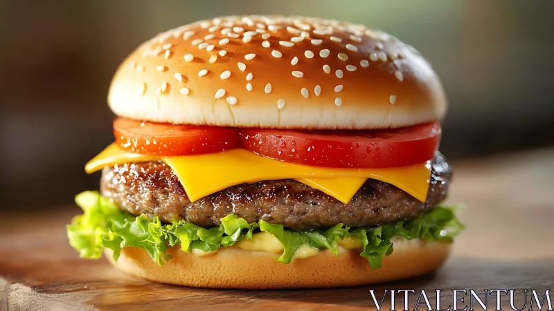 Cheeseburger on wooden surface with lettuce and tomato slices.