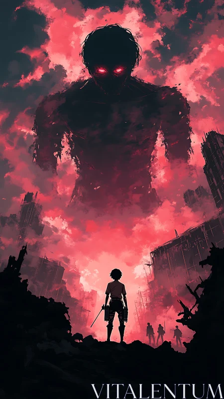 Lone warrior confronts colossal red-eyed shadow in ruins.