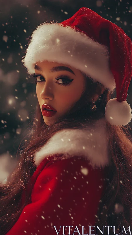 Woman in red Santa outfit looks back amid falling snow