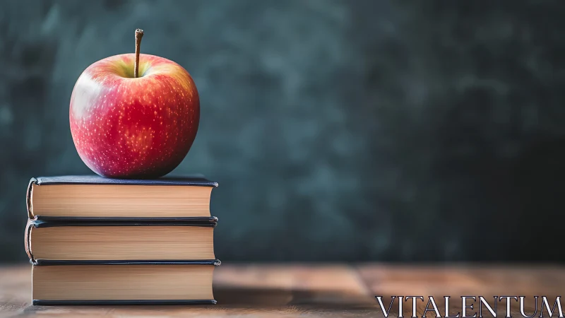 Red apple rests on stacked books against blurred chalkboard